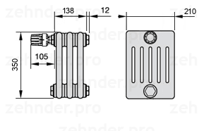 Схема (чертеж) Радиатор Zehnder Charleston 6035/3 №V011 Белый глянцевый RAL 9016